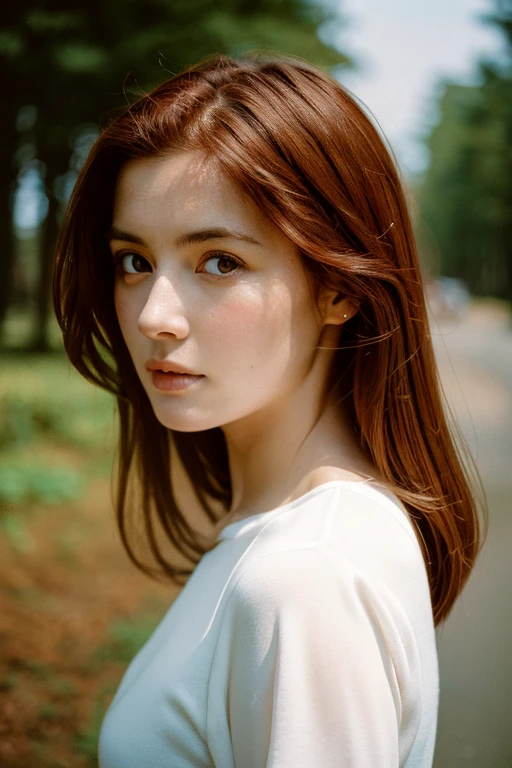 arafed woman with red brown hair, hyper realistic film photography,
