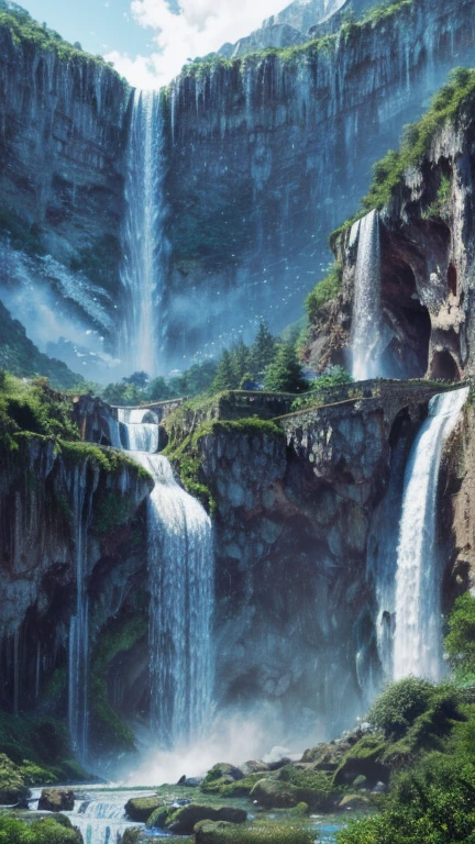 There is a goddess in a white hijab and veil, wear a saphire necklace, (detailed face), ((an outstanding scene of waterfall in a mystical mountains as a background)), (detailed detail, ultra sharp, best quality, masterpiece),