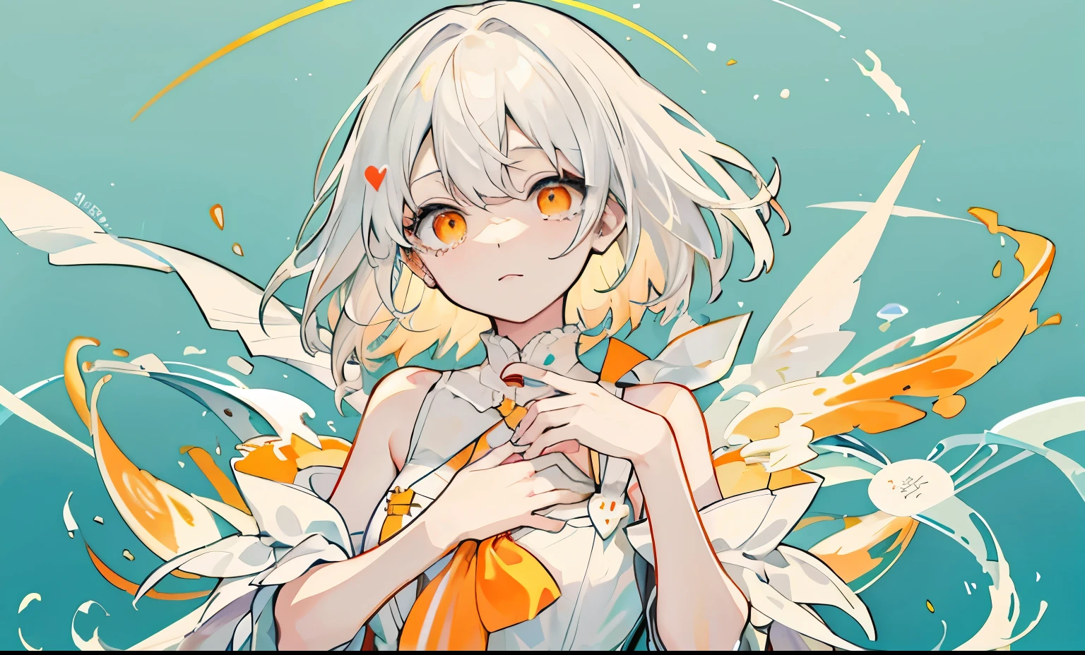 White Hair、Orange inner hair、Orange corolla、White neat dress、Shoulder Bare、目に浮かぶtears、Heart、Heart in the chest、Hold down your chest、Orange chest heart、Heart臓から出る液体、Orange liquid、Muddy、Sad illustration、Fantasy、High quality、Depth of written boundary、Simple Background、Girl&#39;s Sorrow、Transparent watercolor、Transparency、curtain、move、悲しみのtears、alone、目元のtears、tears