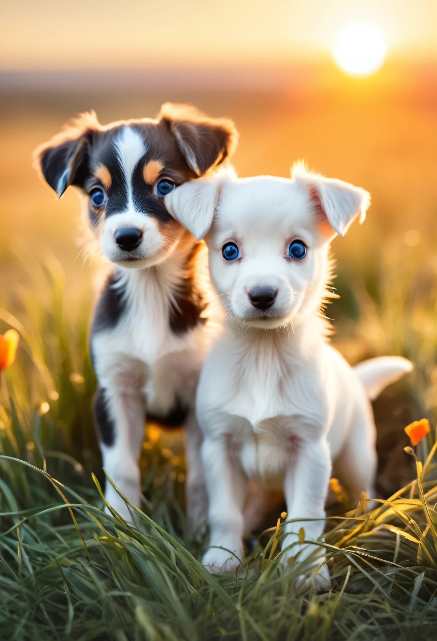 highest quality:1.2,masterpiece:1.2,Genuine:1.2,Close-up photo, 2 puppies, Big eyes, very cute, Next to each other, outside, Pasture, sunrise, Colorful Easter eggs