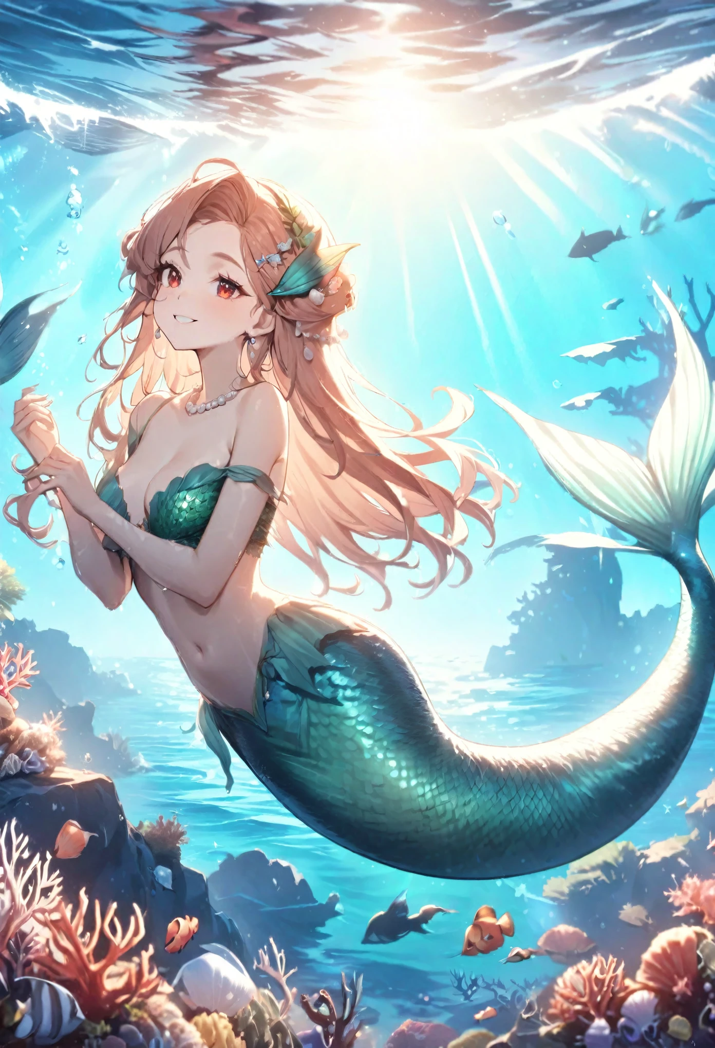 (best quality,4k,8k,highres,masterpiece:1.2),ultra-detailed,age girl gets magically transformed into a mermaid, fantasy transformation,red-eyed,beautiful detailed eyes,spiky long ginger hair,happiness,cute mermaid, long and detailed mermaid tail with shimmering green scales, seashell bra,pair of fish gills on her torso, red and black ribbon headband, starfish hair clips, pearl hair ornaments, pearl earrings and bracelets, pearl necklace, eye-catching accessories,beautifully detailed lips,she’s smiling,embracing her new life has a mermaid, checking her beautiful new body,underwater world,colorful coral reef,magical underwater lighting,vivid colors,breathing underwater,endless ocean depths,sunlight filtering through the water,joyful expression,playful mermaid poses,swimming gracefully,serene and peaceful environment,sparkling water,water reflections,ethereal atmosphere,subtle glow,whimsical and enchanting,mythical creatures,curious marine life,seaweed,seashells,blissful transformation,fantastical ocean adventure,beauty of the ocean depths