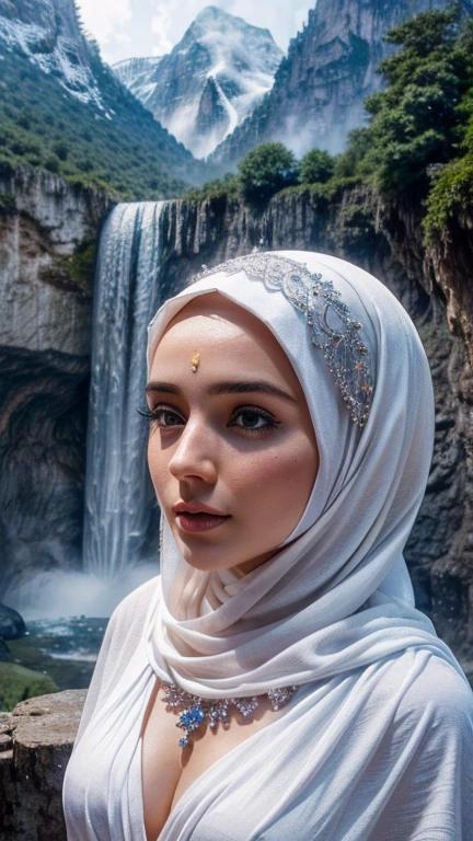 There is a goddess in a white hijab and veil, wear a saphire necklace, (detailed face), ((an outstanding scene of waterfall in a mystical mountains as a background)), (detailed detail, ultra sharp, best quality, masterpiece), 