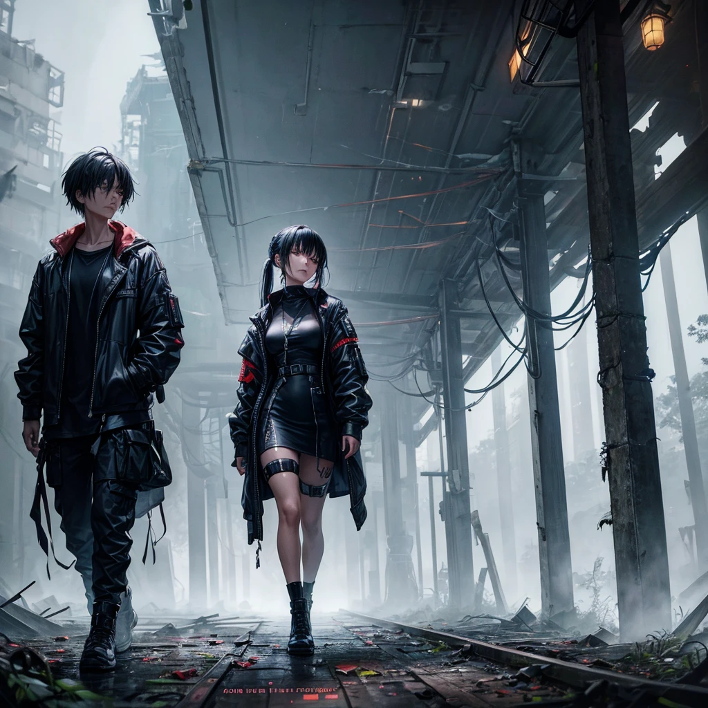 Cyberpunk dark oil painting| A woman wearing a black halterneck dress,Ragged clothes,Dirty,messy,under the light,face clearly visible,Walking in the dense forest。 fallen trees、foliage、Debris scattered everywhere,Greatly ruined the tense atmosphere。 The air is full of ferocity and power。 Ancient building against the backdrop of damaged tropical rainforest。 3D。 Very realistic and very detailed。