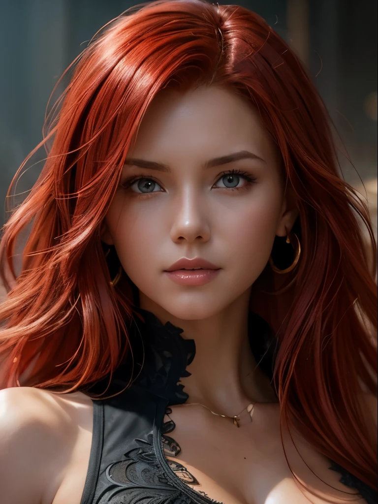 portrait of emb-rebecca with long red hair in fog, photo from beneath, looking down at camera, (round breasts:1.2), red and black clothes, brain fog, friendly, happy, inviting look, seductive, cleavage, cinematic lighting, photorealistic, ornate, intricate, realistic, detailed, volumetric light and shadow intricate, elegant, highly detailed, digital painting, artstation, concept art, smooth, sharp focus, illustration, art by artgerm and greg rutkowski and alphonse mucha, super detailed, red hair