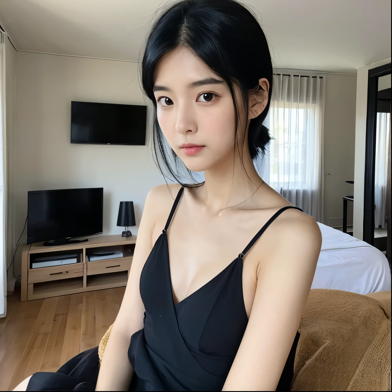 Highest quality、(1 person)、Black Hair、Selfie、Selphy、living、Simple room、(A simple black camisole:1.2)、(flat chest:1.3)、Chest close-up