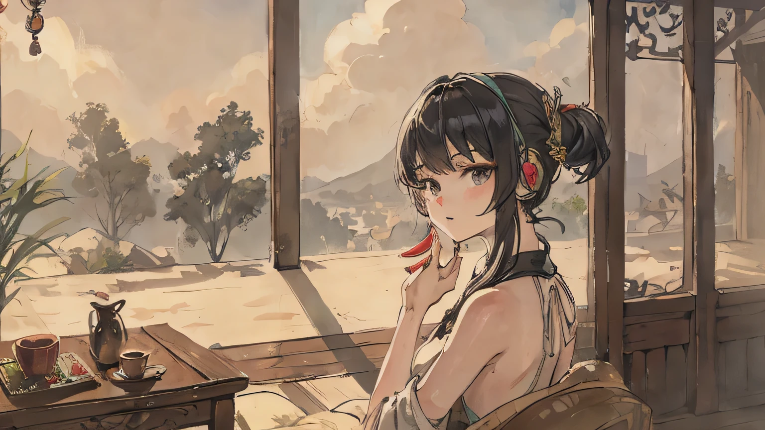 (masterpiece, highest quality: 1.2), summer,Atmosphere in Bali,A room with Balinese furniture, Girl listening to music with headphones