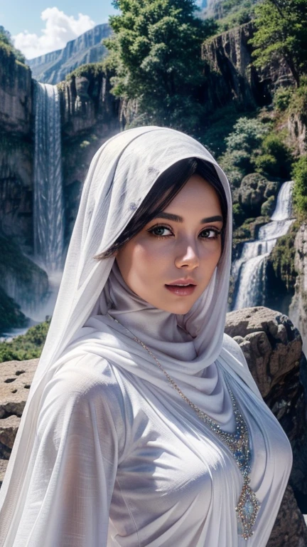 There is a goddess in a white hijab and veil, wear a saphire necklace, (detailed face), ((an outstanding scene of waterfall in a mystical mountains as a background)), (detailed detail, ultra sharp, best quality, masterpiece),