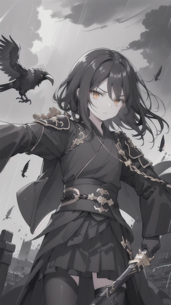 (dark hair,short black hair),(golden eyes),(black hanfu,black armor),(ink black longsword),(ravens),(high contrast,monochrome,black and white),(mystery,ominous),(stormy atmosphere,thunderstorm),(dramatic lighting),(detailed textures),(dynamic pose),(dark background)