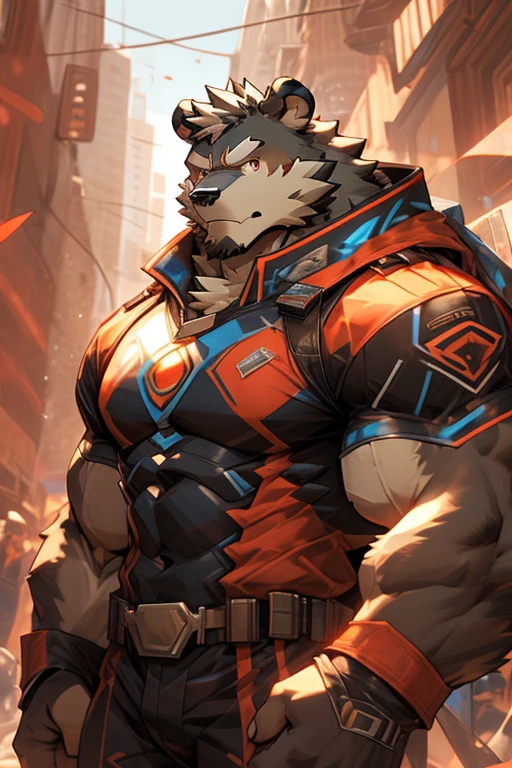 City background，Skyscraper，futuristic city，daytime，Huge muscles，Huge pectoral muscles，Chiseled abdominal muscles，superhero，hero，bodysuit，A furry hero。Huge muscles。(((His hero costume is black and red)))，Brown eyes。A furry hero whose presence inspires trust and respect.muslos musculosos huges firmes.full-body shot。big eyes，Gray pupil。