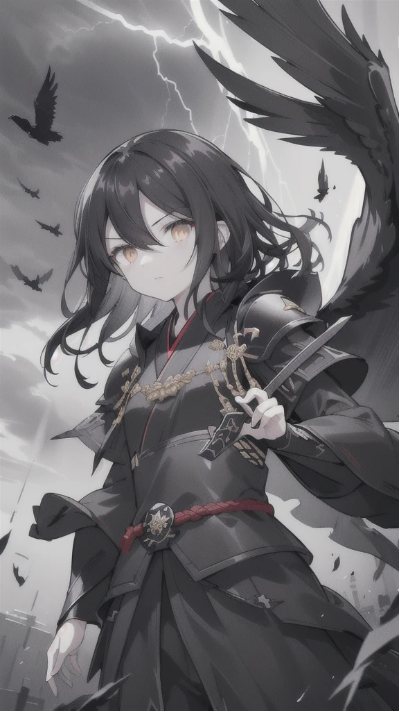 (dark hair,short black hair),(golden eyes),(black hanfu,black armor),(ink black longsword),(ravens),(high contrast,monochrome,black and white),(mystery,ominous),(stormy atmosphere,thunderstorm),(dramatic lighting),(detailed textures),(dynamic pose),(dark background)