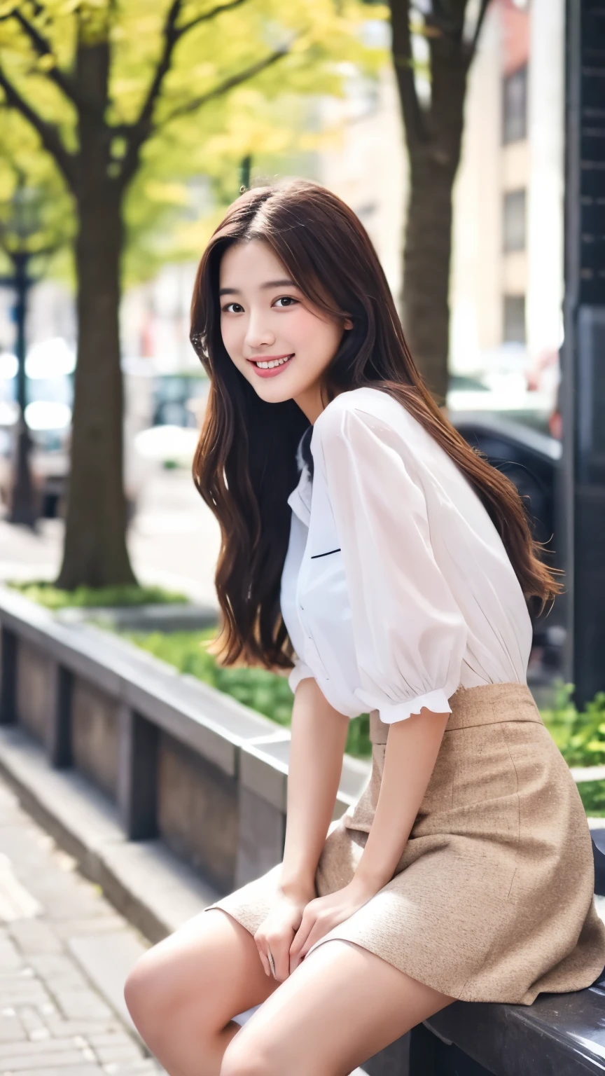 masterpiece, highest quality, Face to face conversation、a young man and a woman、Spring Outfits、Women have long hair、mini skirt、Well-proportioned face、Photographic images、Healthy Smile、good atmosphere、Beautiful Face、Outdoor、In the city、