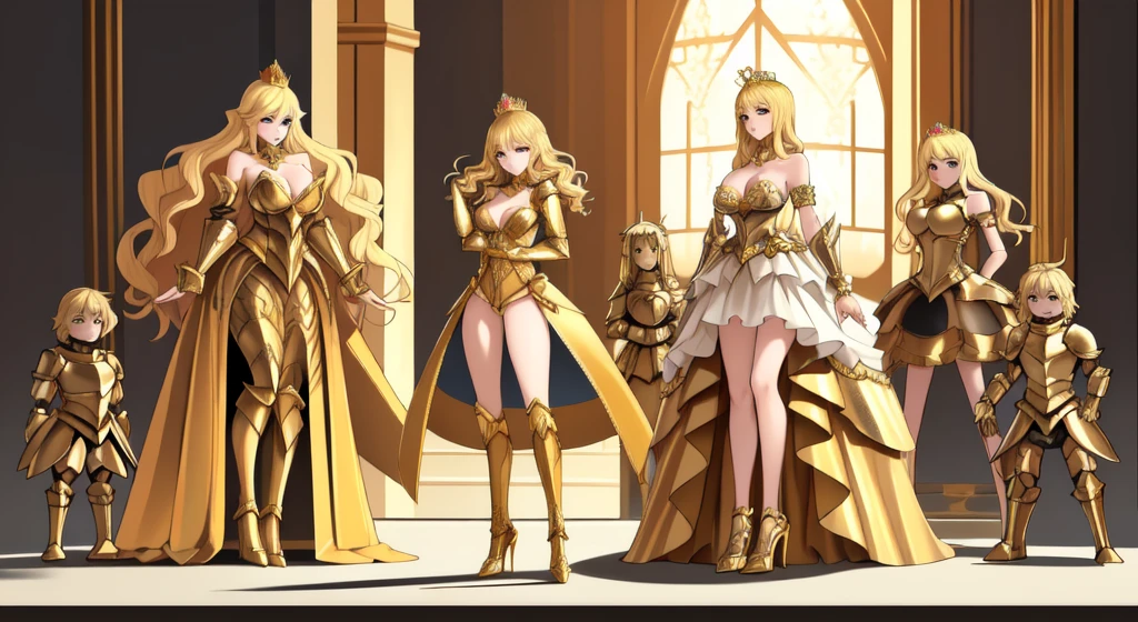 Blonde Queen Gold Tiara， armor，cleavage，High heels standing castle