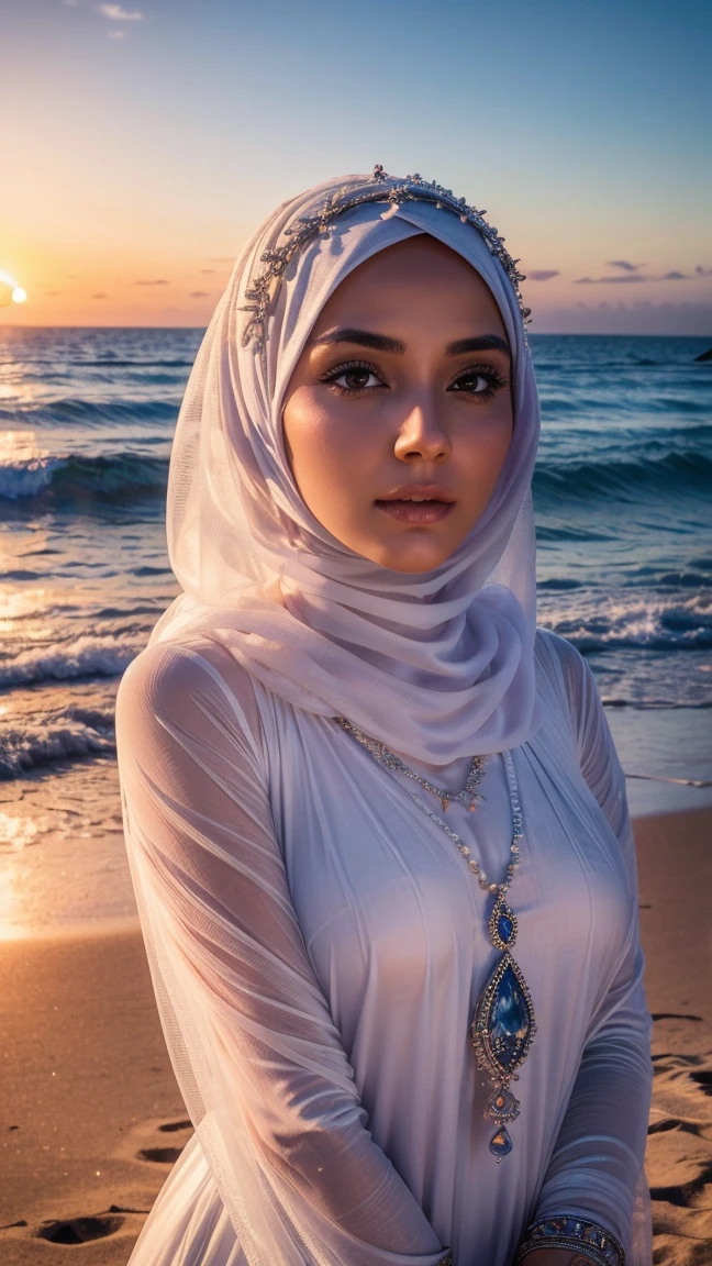 There is a goddess in a white hijab and veil, wear a saphire necklace, (detailed face), ((an outstanding scene of sunset in a mystical beach as a background)), (detailed detail, ultra sharp, best quality, masterpiece),
