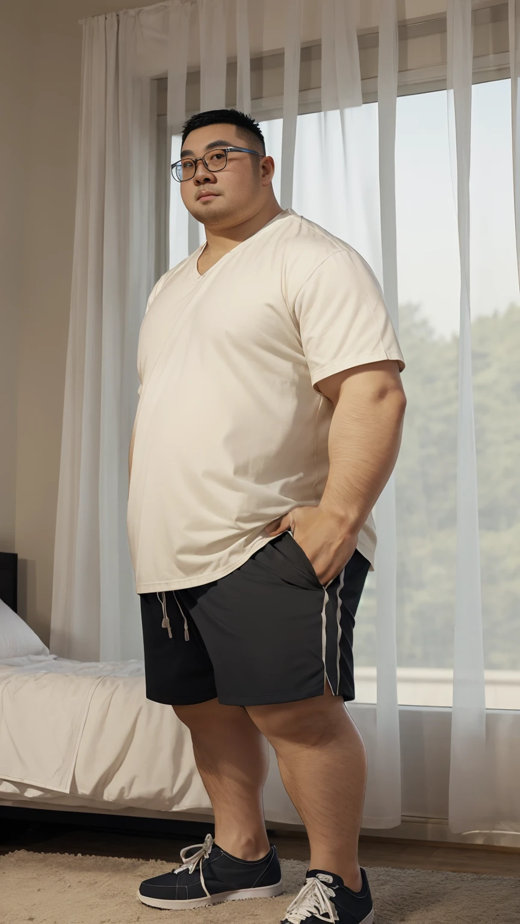 Cute fat man, Buzz cut, Big round face,Black round glasses, Well-developed chest muscles，Big round belly， White short sleeve, Standing under the glass window curtain bedroom bed, Casual shorts, Sneakers, Chinese men，full-body shot