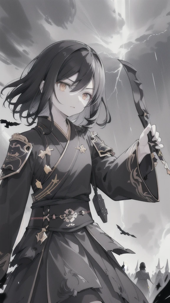 (dark hair,short black hair),(golden eyes),(black hanfu,black armor),(ink black longsword),(ravens),(high contrast,monochrome,black and white),(mystery,ominous),(stormy atmosphere,thunderstorm),(dramatic lighting),(detailed textures),(dynamic pose),(dark background)