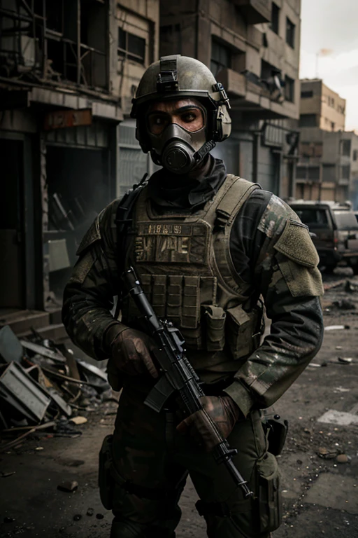 A heavily armored American soldier, detailed face, stunning eyes, strong jawline, wearing a full suit of tactical gear with helmet, gas mask, assault rifle, standing in a war-torn urban environment, cinematic lighting, gritty and realistic, 8K, high resolution, photorealistic, detailed metal textures, dust, dirt, rubble, military camouflage, dramatic shadows, moody atmosphere, intense battle scene