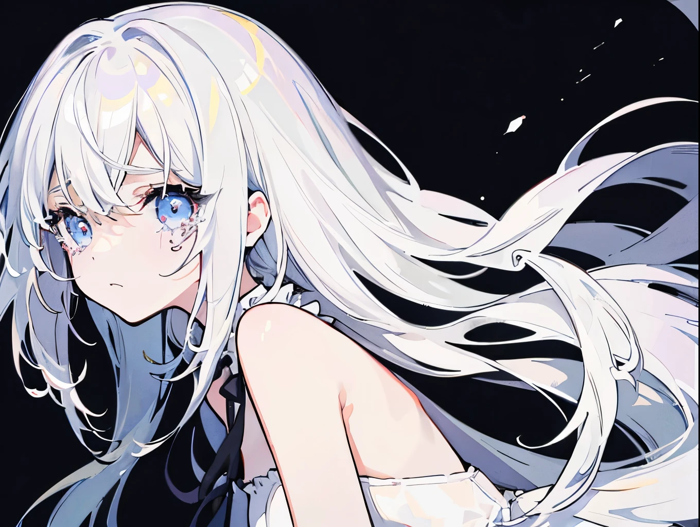 White Hair、Chic black one-piece、Tears in my eyes、Sad illustration、Fantasy、High quality、Depth of written boundary、Simple Background、Girl's Sorrow、Transparent watercolor、Transparency、move、Tears of Sadness、alone、Sad illustration、Lonely、Tears visible through the gaps in my hair、Look down、Look away