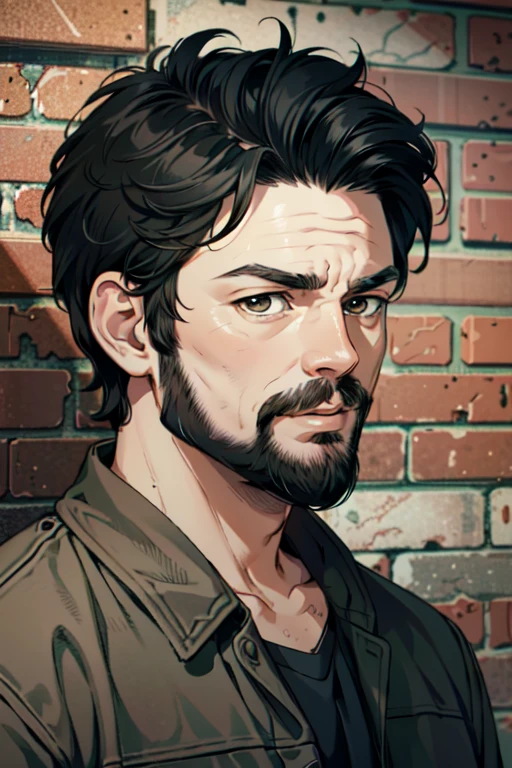 ((ultra detailed, masterpiece, absurdres))
 TBBButcher, 1boy, short hair, black hair, brown eyes, beard, Vintage Brick Wall