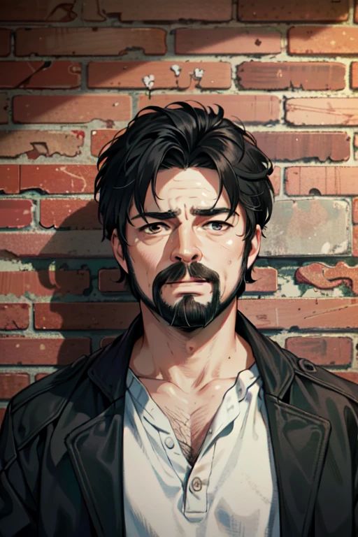 ((ultra detailed, masterpiece, absurdres))
 TBBButcher, 1boy, short hair, black hair, brown eyes, beard, Vintage Brick Wall