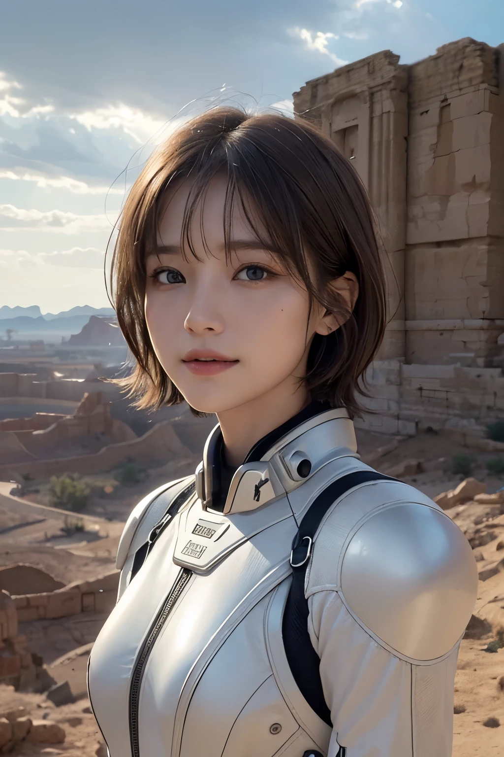 Ultra-high resolution、(Real:1.4)、One beautiful woman、Beautifully detailed eyes and skin、Light brown short hair、A Little Smile、Small Bust、A smart and simple space suit、Valley、cliff、desert、Black rain clouds、Spaceship in the distance、Ruins of an ancient civilization、light rain、