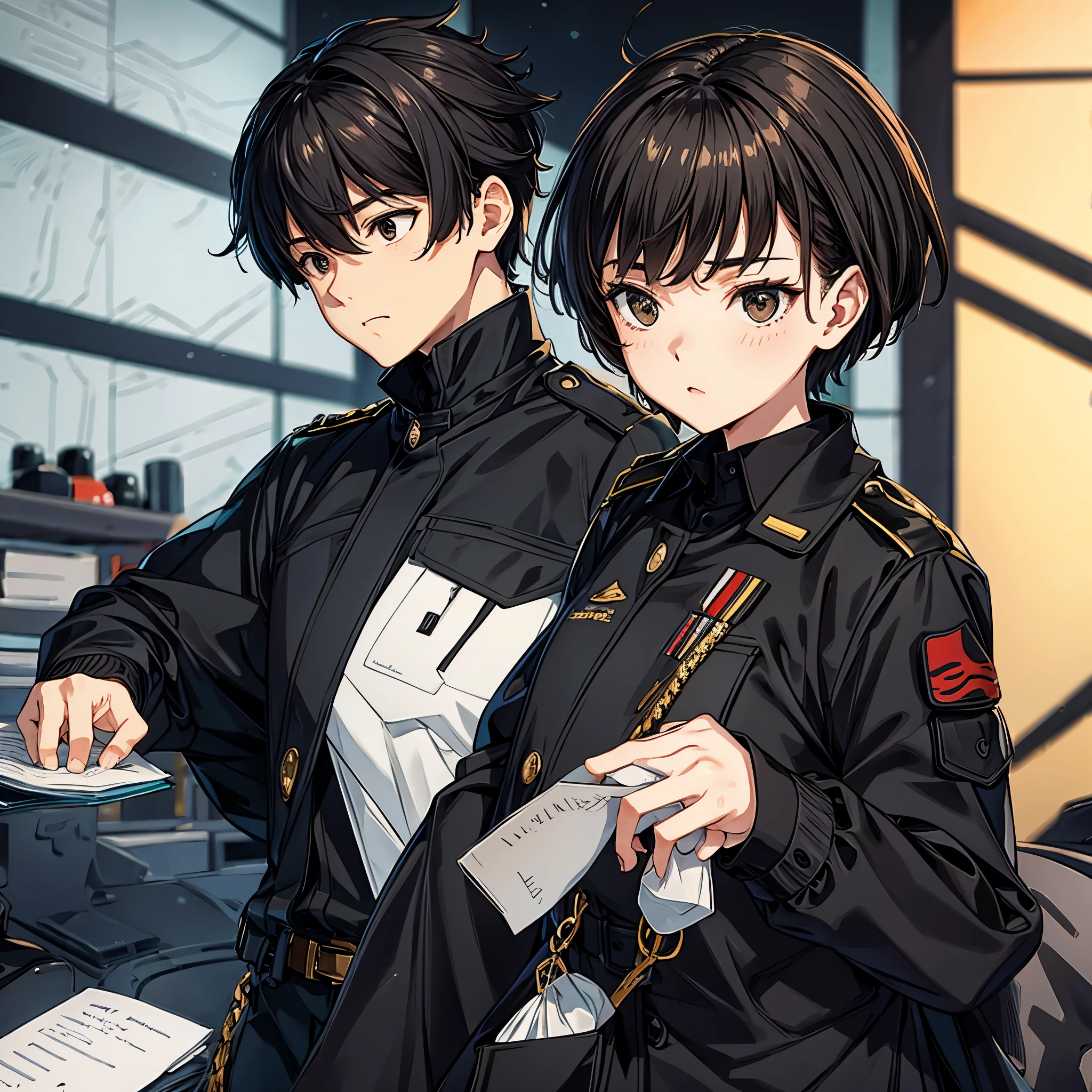 {Light brown skin}{black eyes}{Short messy black hair} Men wearing a black military uniform