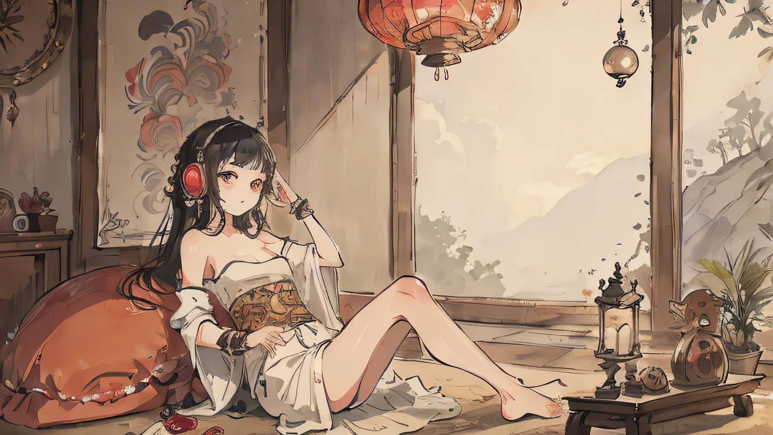 (masterpiece, highest quality: 1.2), summer,Atmosphere in Bali,A room with Balinese furniture, Girl listening to music with headphones