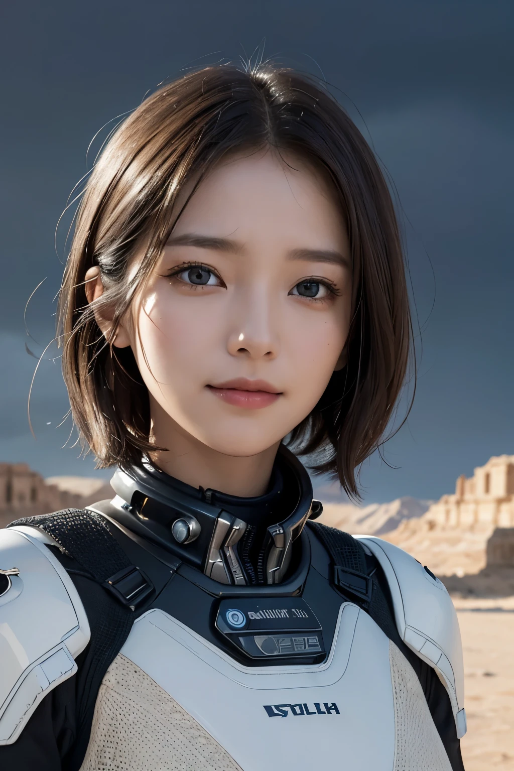 Ultra-high resolution、(Real:1.4)、One beautiful woman、Beautifully detailed eyes and skin、Light brown short hair、A Little Smile、Small Bust、A smart and simple space suit、Valley、cliff、desert、Black rain clouds、Spaceship in the distance、Ruins of an ancient civilization、light rain、