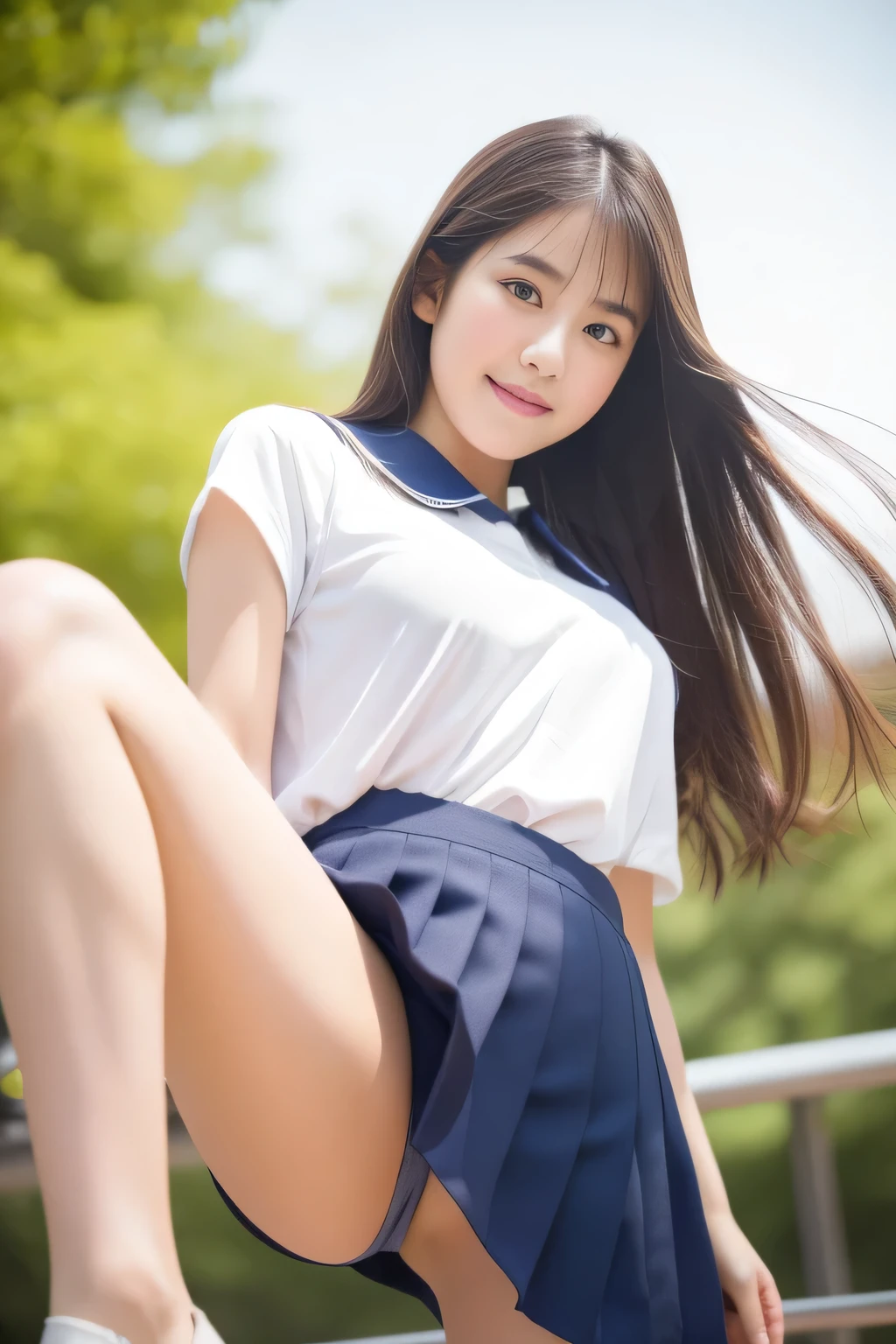 (masterpiece、high resolution、high quality,8k),(Japanese women、18-year-old、High school girls)、(Accurate anatomy,Beautiful body)、Beautiful limbs, Sexy pose、beauty, Embarrassing, model, Beautiful feet, Tight Skirt,standing ,School zone ,early summer ,Professional photos , , paved, RAW Photos, , 最high quality, Ultra-high resolution, Beautiful face details, Real human skin, Gentle expression, Front view, Angle from below, Long Hair, Realistic, Realistic, cute, short, mean, Cute high school girl, (Japanese, Wearing Japanese), Surreal school girl, Esbian all over,