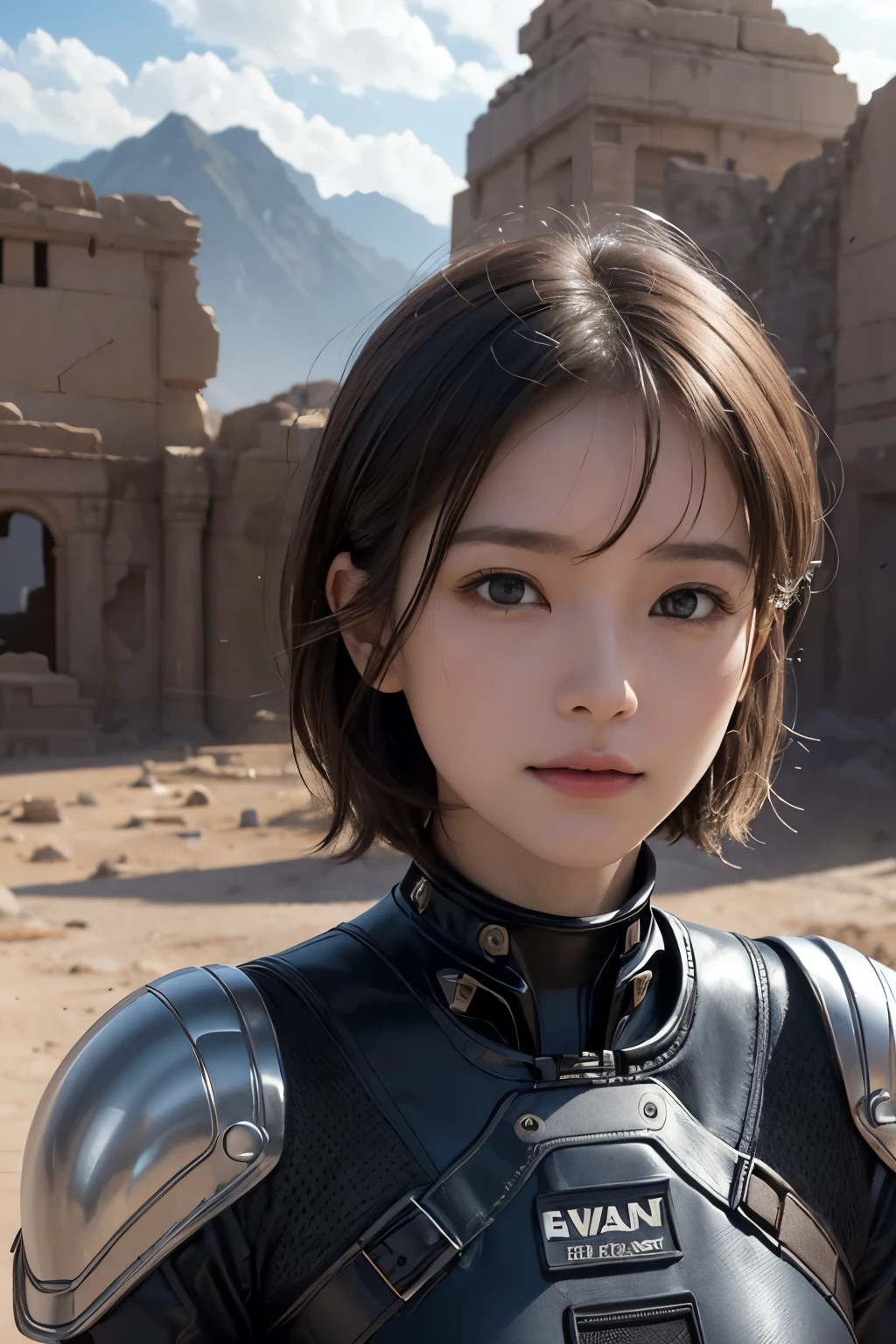 Ultra-high resolution、(Real:1.4)、One beautiful woman、Beautifully detailed eyes and skin、Light brown short hair、A Little Smile、Small Bust、A smart and simple space suit、Valley、cliff、desert、Black rain clouds、Spaceship in the distance、Ruins of an ancient civilization、Dramatic poses, angles and compositions、