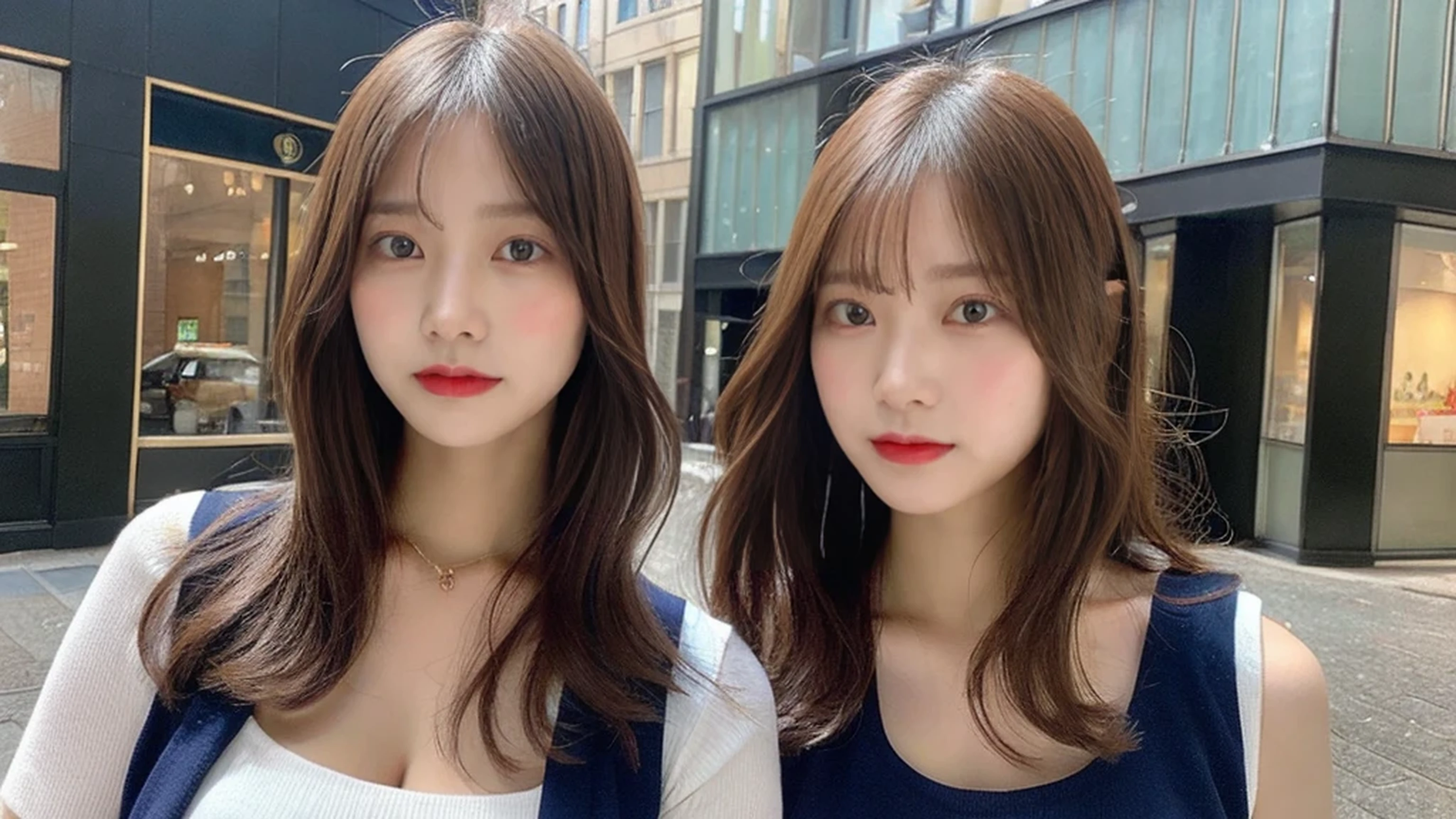 (Practical, high resolution:1.3), 1. Girl in perfect shape, The face shape and eyes are super beautiful, long hair, Vest: 1.Two random colors, Short skirt, City Streets, Large Breasts, Cleavage exposed