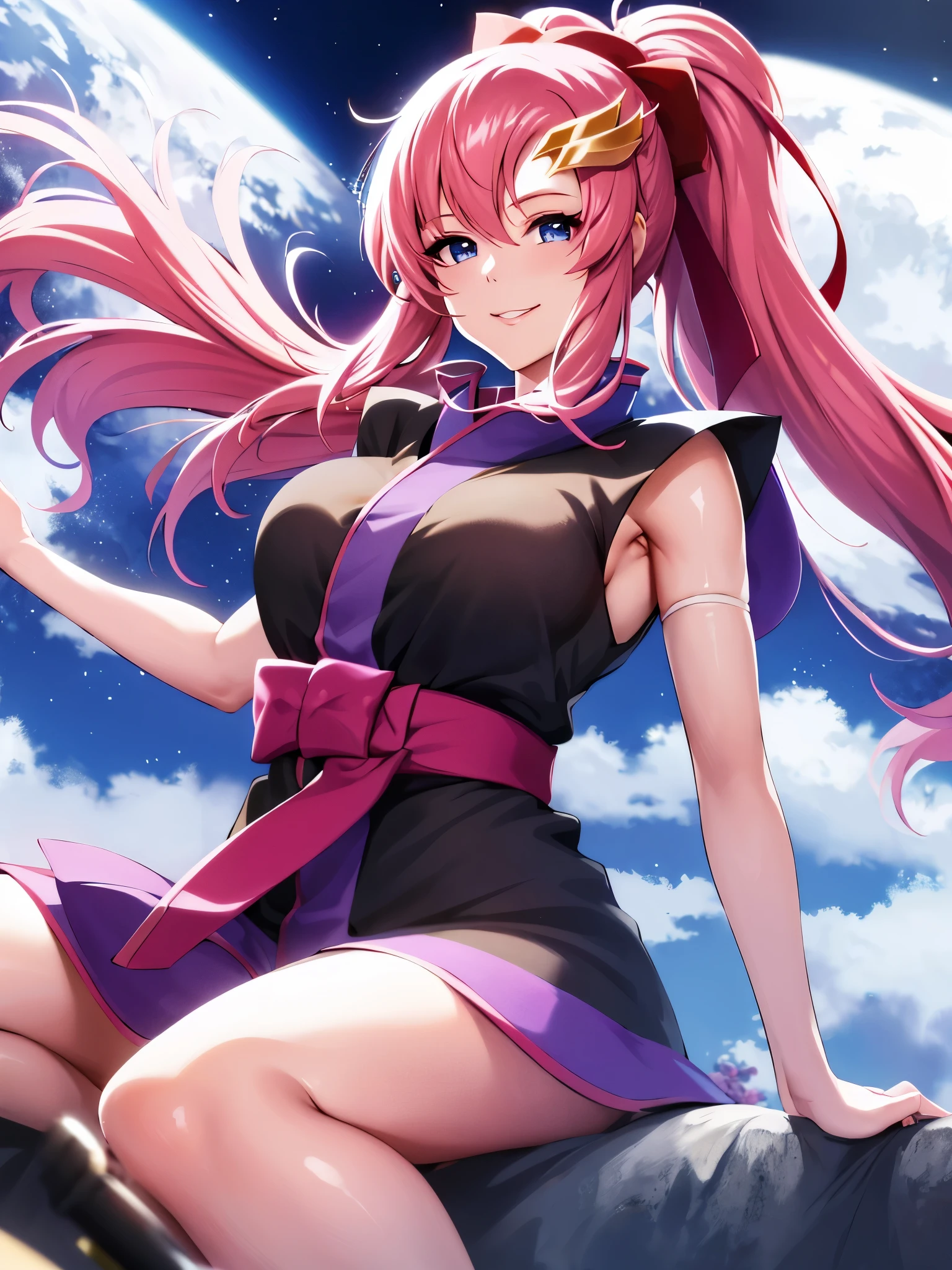 Armpit Show,masterpiece, highest quality, High resolution, Lacus 3, One girl, alone, Lacus 3, Pink Hair, Short kimono, blue eyes, hair ornaments, Very long hair, Black sleeves, No sleeve, kimono, bow, Black kimono, hair bow, ponytail, Floating Hair, Hair between the eyes, Big Breasts, Sitting, Sheet, Spaceship, smile, Underarm,