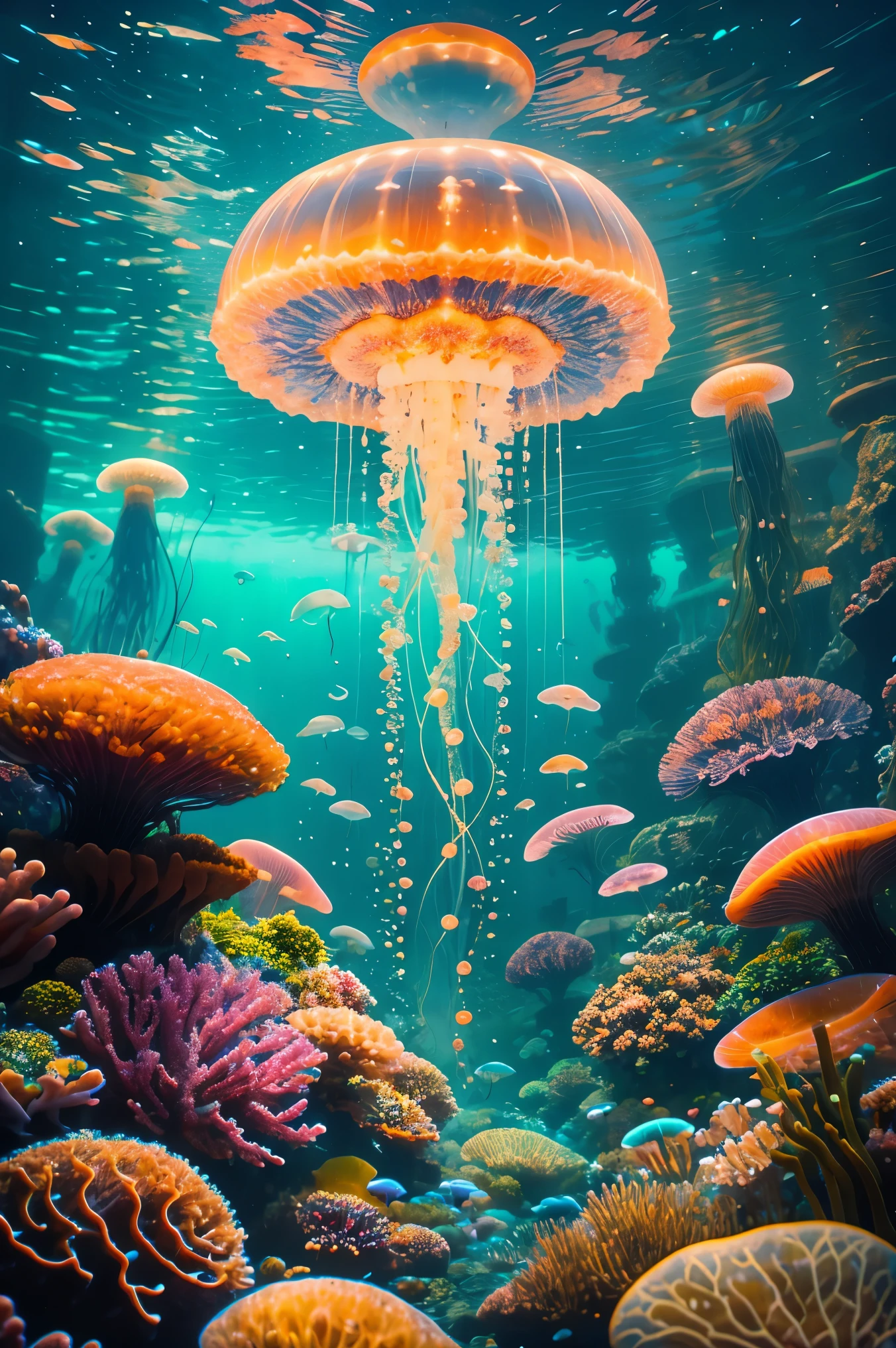 A city made of jellyfish, extraterrestrial jellyfish, space jellyfish, (best quality,4k,8k,highres,masterpiece:1.2), ultra-detailed, (realistic,photorealistic,photo-realistic:1.37), vibrant colors, surreal lighting, surreal atmosphere, glowing tentacles, transparent bodies, floating in the sky, underwater structures, bioluminescent organisms, dreamlike surroundings.