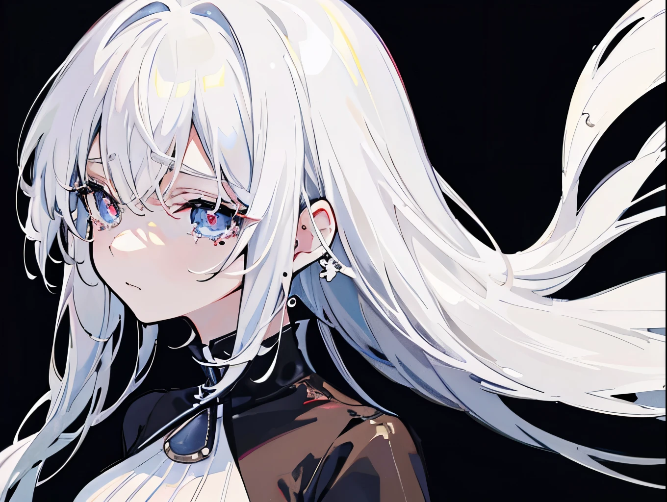 White Hair、Chic black one-piece、Tears in my eyes、Sad illustration、Fantasy、High quality、Depth of written boundary、Simple Background、Girl's Sorrow、Transparent watercolor、Transparency、move、Tears of Sadness、alone、Sad illustration、Lonely、Tears visible through the gaps in my hair、Look down、Look away、Long Bangs、Dark Background、shrink、Sit curled up、ruins、Boro、Sitting with legs crossed、My face hurts on my arm、Girl secretly crying、Dimly lit room