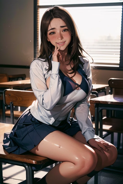 ((Japanese beautiful girl:1.3)) ((Uniforms:1.4)) ((Filming:1.5)) ((Middle School)),((Dark blue skirt:1.3)) ((in the classroom:1.3)) ((Thin_Fabric:1.4)) ((Casual sexy pose:1.3)) ((Sweating:1.5))((Blushed:1.4)) ((Large Breasts:1.4))(((Large Breasts、Breast sagging、Low-cut，Cleavage ，Wide hips,)))((Long legs)),Hourglass figure)) ((close up:1.2)) best quality,masterpiece,Ultra-high resolution,(Reality:1.4),RAW photos,(Realistic skin texture:1.3),(Film Grain:1.3),panoramic,a character portrait,Very wide-angle lens,Willow Waist,Cowboy shooting,(in the darkness, Deep Shadows, Low profile, Cold Light,) night,(()),Tears streaming down my face,,dust,Tyndall effect,(Express),1 Girl,Beautiful and detailed eyes and face,White Jabot,Brown eyes,((brown hair:1.2)) ((whole body:1.3)) ((Smile:1.3))