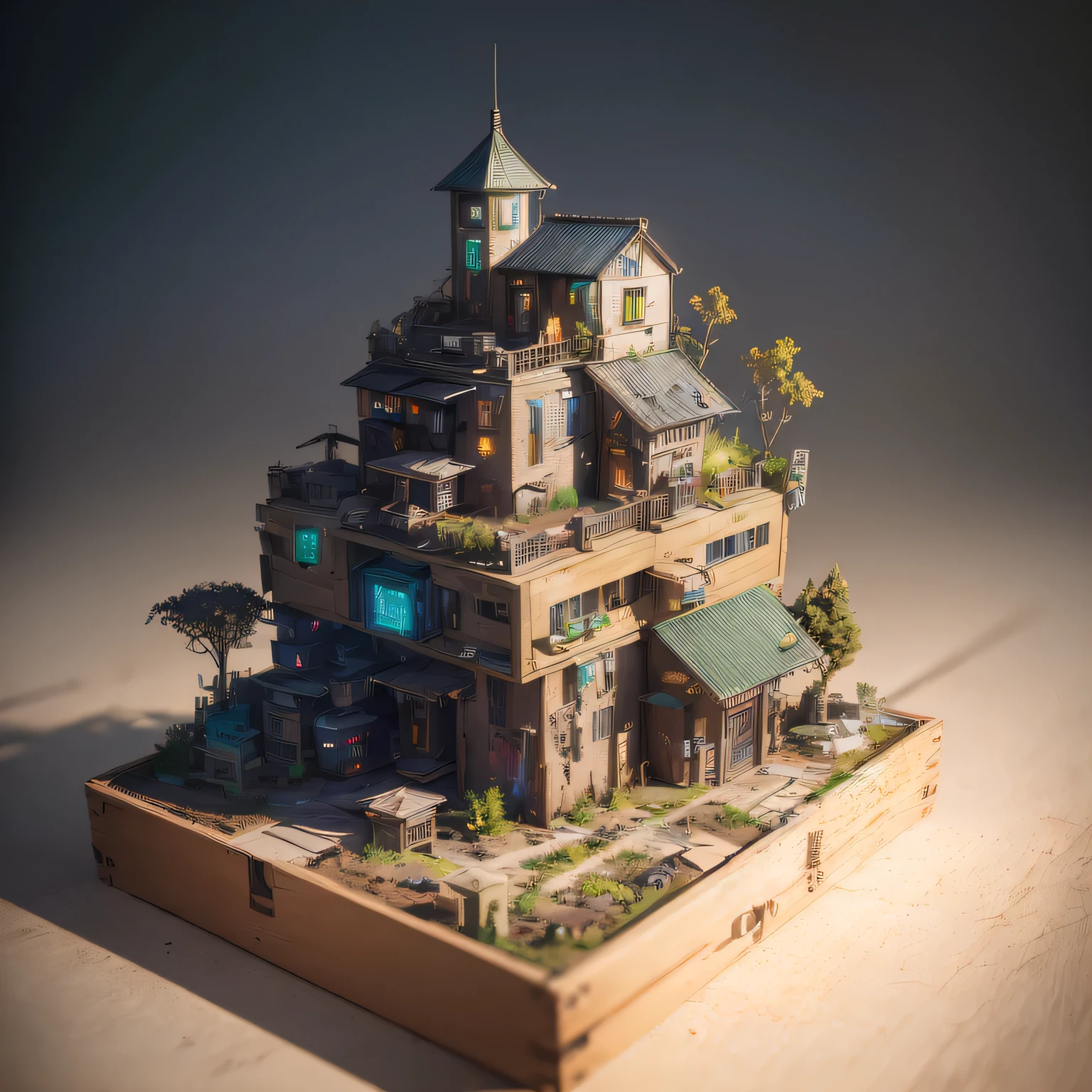 Small realistic models, (Bifurcation, original photo, best quality, masterpiece:1.4),Steampunk Cyberpunk 6920 City,(Cyberpunk Light:1.3), Marz,horizon (Related to land),(in a Small Nature box:1.3),Isometric, Small Nature, landscape on foundation,landscape,
