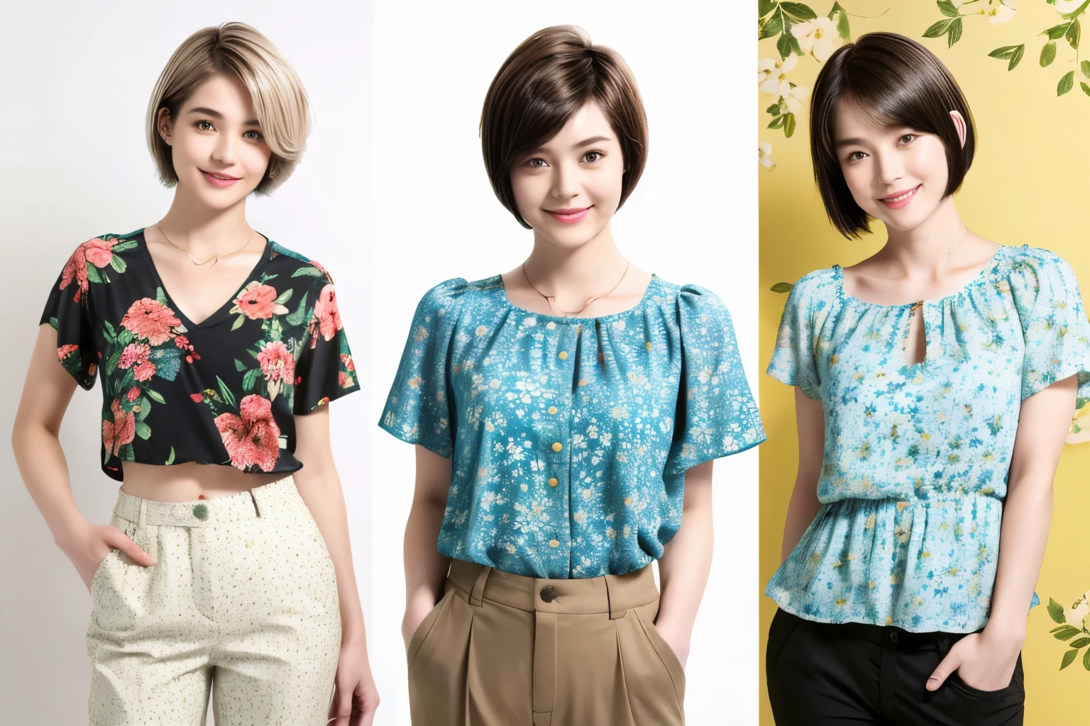 230 (18-year-old female,Floral clothes), ((short hair:1.46)), (Pants Style), (A kind smile)