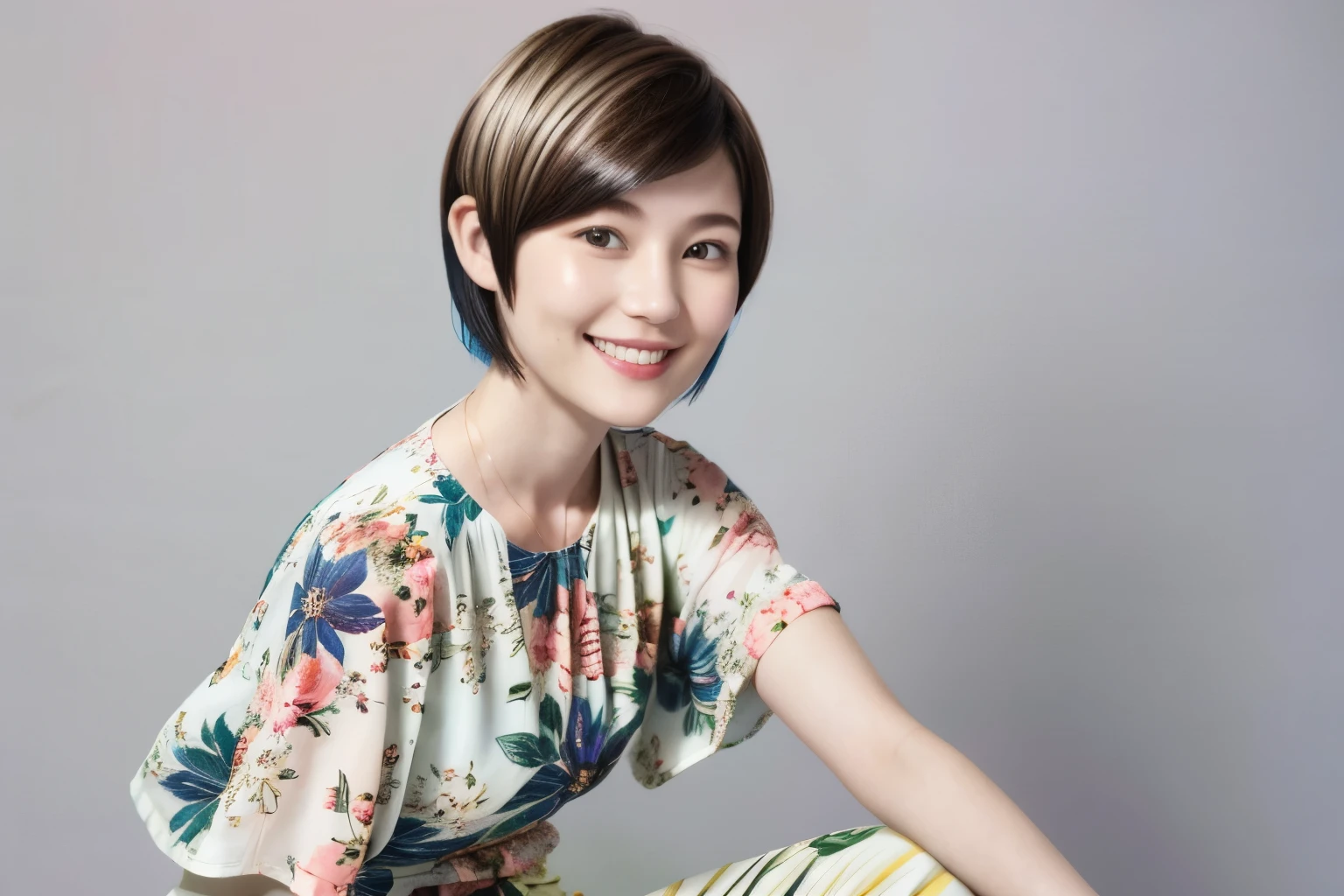 230 (18-year-old female,Floral clothes), ((short hair:1.46)), (Pants Style), (A kind smile)