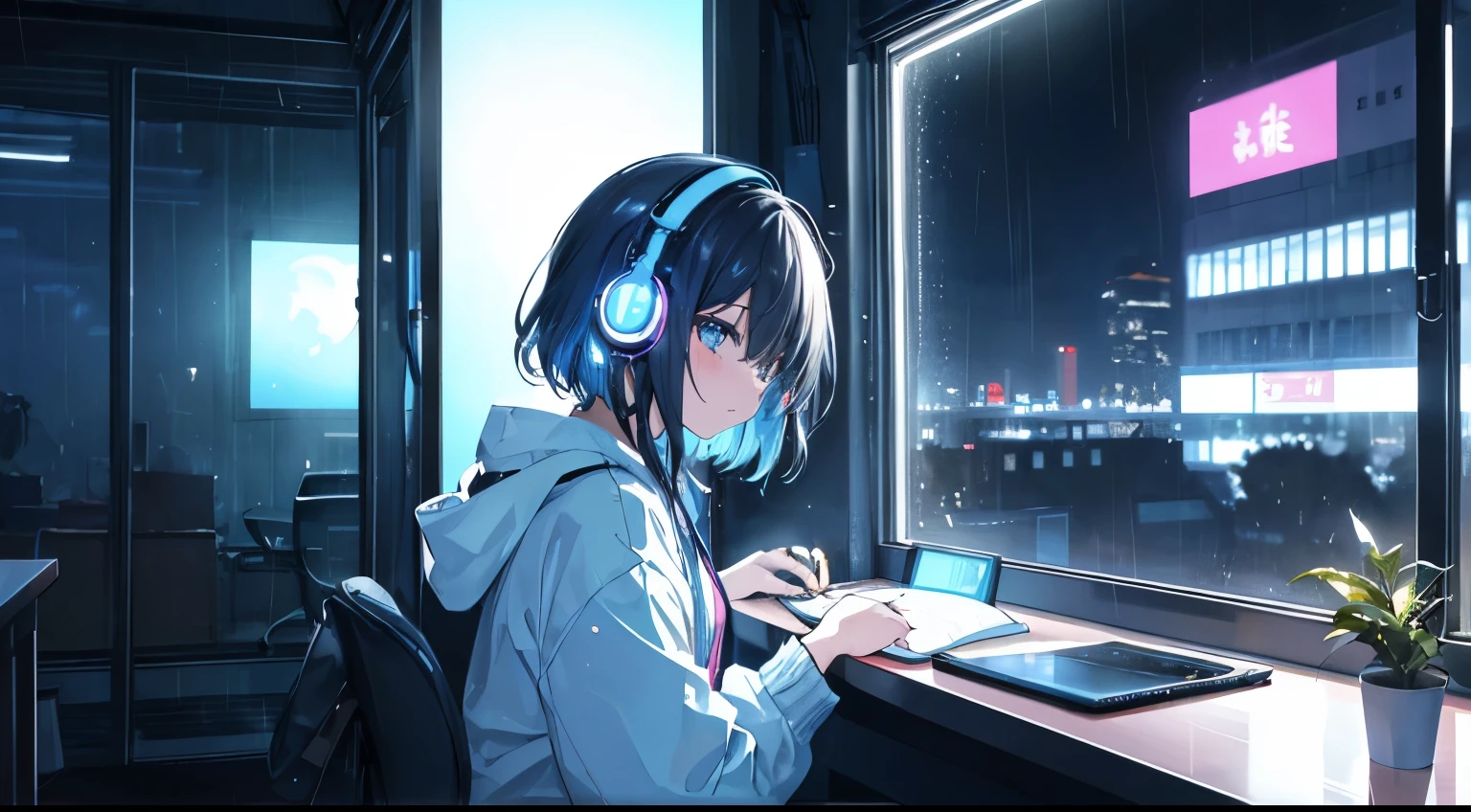 At night, the neon lights in the windows light up、Woman living alone is studying at desk on left side wearing headphones。In the corner of the room, A view enveloped in late night silence.、The beauty of the universe spreads out before your eyes beyond the window glass..。There was no one else but her、Neon lights illuminate the room in a fantastic way。The color is blue, warm, Chill, nostalgic, rain