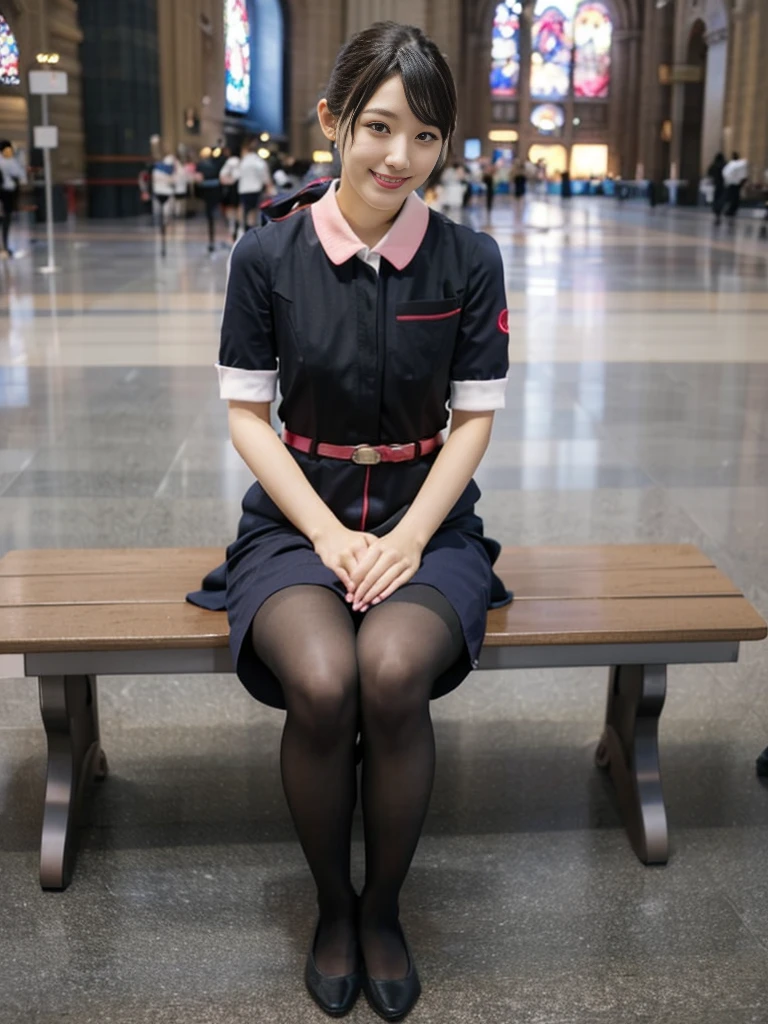 masterpiece, best quality, 1 girl, solo, 20 years old, (flat chest:1.3),skinny, Perfect Face, beautiful, extremely long hair, jal uniform, church, black pantyhose, pink lace panty, panties under pantyhose, japanese, (skirt lift:1.1), (show off panties:1.1), embarrassed, sit on a bench, full body,looking through legs