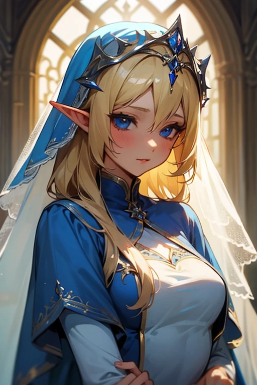 Wearing a blue dress and a veil、Blonde woman with a veil on her head, Beautiful fantasy maiden, High Elf, Blonde Princess,  Beautiful maiden,