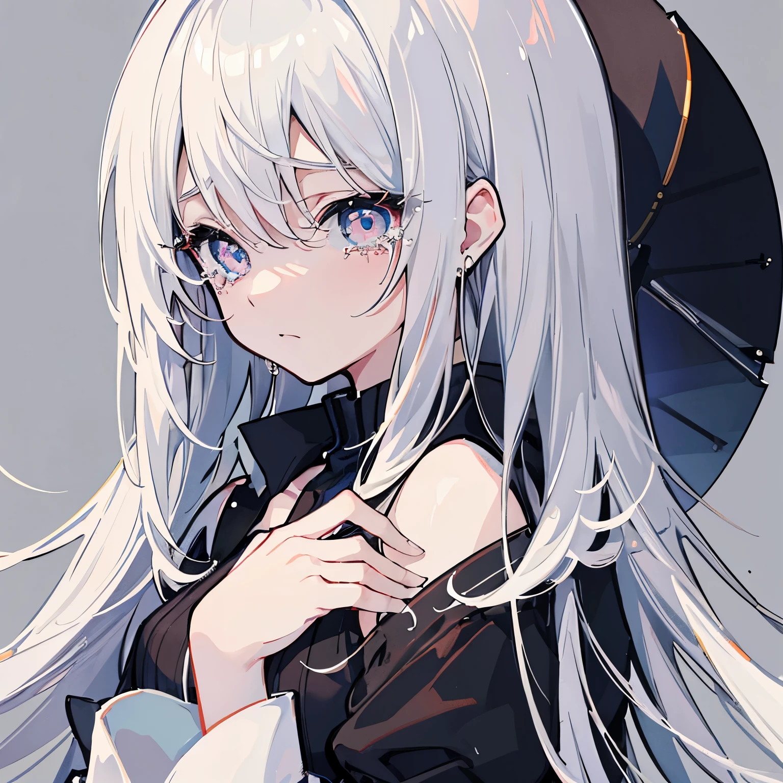 White Hair、Chic black one-piece、Tears in my eyes、Sad illustration、Fantasy、High quality、Depth of written boundary、Simple Background、Girl's Sorrow、Transparent watercolor、Transparency、move、Tears of Sadness、alone、Sad illustration、Lonely、Tears visible through the gaps in my hair、Look down、Look away、Long Bangs、Dark Background、shrink、Sit curled up、ruins、Boro、Sitting with legs crossed、My face hurts on my arm、Girl secretly crying、Dimly lit room、Depression