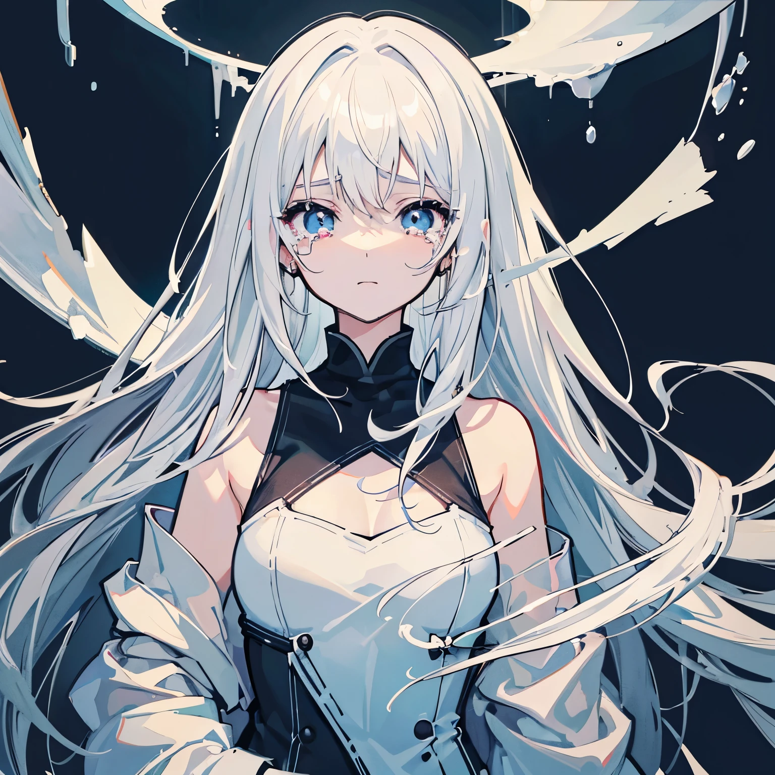 A beautiful woman,Hair half white and half black,Half white and half black,(Pure white background))