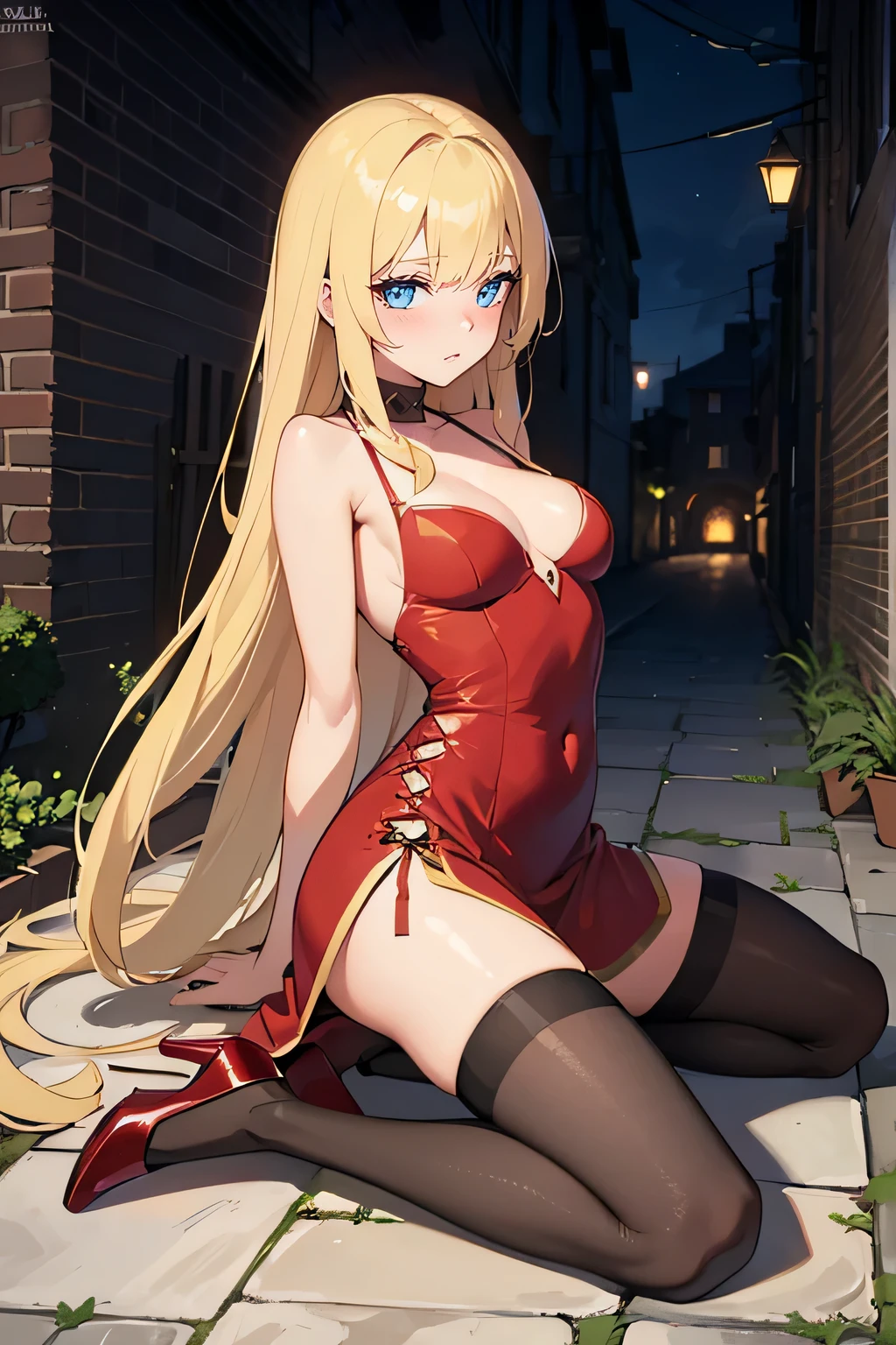 Safe for work, masterpiece, best quality, solo, 1 girl, facing forward, looking at camera,cowboyshot (young female body:1.4), ( medium small breasts), golden yellow hair, extra long hair, blunt bangs, crystal blue eyes, very detailed eyes, alleyway background, brickwalls, night time, erotic, kneeling, spagetti strap red dress, sleeveless dress, plunge neckline, dark red long dress, sexy girl, flushed cheeks, red heels, spreading legs, facing forwards, facing the camera, sitting with knees on the ground, spreading her legs wide, legs wide open, hands on touching the ground, spreading legs with hands