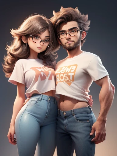 2 people(1 guy! and 1! Young woman), holding hands, Brother and sister, Love, friendship, (chubby, brown-eyed, Brown hair), (1 guy: (short hair, unshaven, without! Points)(White T-shirt, jeans))(1 Young woman с эстетичной маленькой грудью: (long very shaggy tousled hair, glasses)((mid-thigh zip sweatshirt)(naked sweatshirt)(absolutely no panties required)(necessarily bare legs and buttocks)), smile at each other, whole body, realistic skin, Realistic eyes, Same height, Modern, High quality textures, very detailed, Anatomical Realism of Hands, Fantastic cutie, funny, IP design, Clean 3D rendering of bright backgrounds, OC rendering, 8K, мягкий focus, Ultra-Thin Glossy Detail --Air 3:6 50 --q 2 --niji 5 --expressive style --s 2