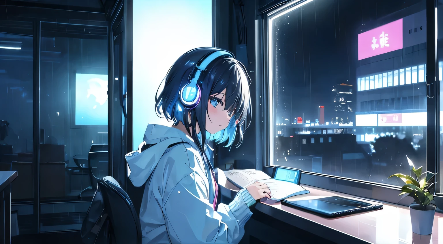 At night, the neon lights in the windows light up、Woman living alone is studying at desk on left side wearing headphones。In the corner of the room, A view enveloped in late night silence.、The beauty of the universe spreads out before your eyes beyond the window glass..。There was no one else but her、Neon lights illuminate the room in a fantastic way。The color is blue, warm, Chill, nostalgic, rain