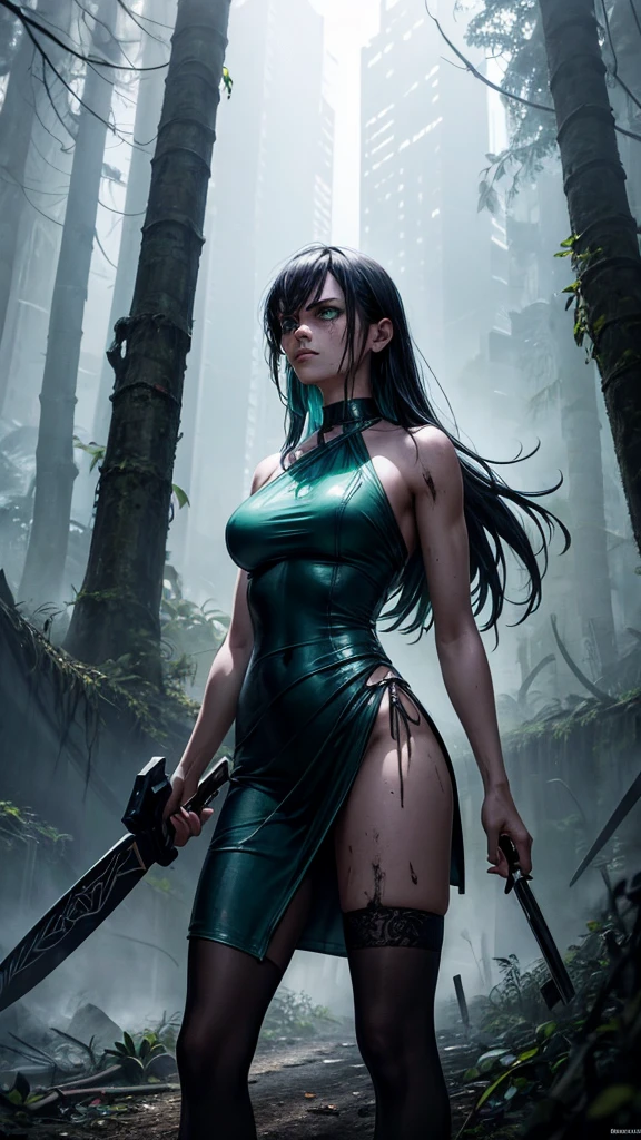 Cyberpunk Dark Oil Painting | A woman wearing a light blue halter-neck dress, her clothes in tatters, dirty and messy, her face dirty but looking tough, her emerald green eyes staring sharply ahead, clearly visible under the light, walking in the dense forest while holding a machete. Fallen trees, leaves and debris were scattered everywhere, completely destroying the tense atmosphere. The air was filled with fierceness and power. Ancient buildings with damaged rainforest in the background. 3D. Very realistic and very detailed.