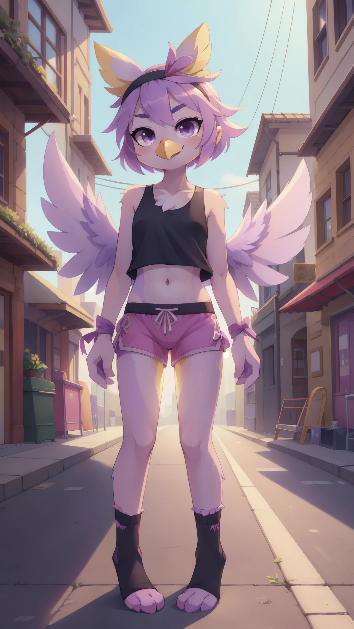 Bird girl, avian, anthro bird, yellow beak, lilac hair, short spiky hairstyle, short spiky ponytail, anime style, small breasts, purple eyes, big eyebrows, ((yellow headband with ribbon, black tank top, midriff, pink swim trunks, black pedal socks)), high quality, detailed body, detailed eyes, detailed face, masterpiece, glistening body, detailed body fur, best quality, clear purple body fur, skinny, sassy face, back avian wings, avian, detailed hands, perfect lighting, perfect shadows, perfect eyes, perfect hair, perfect face, gorgeous body, solo, smilling, full body, feets with three toes, street, clear sky,