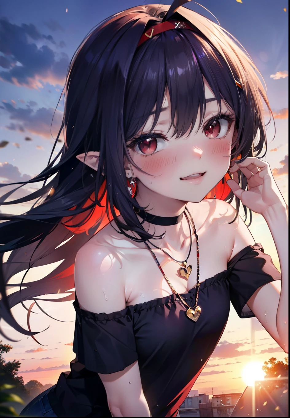 yuukikonno, Yuki Konno, hair band, Long Hair, Pointy Ears, Purple Hair, (Red eyes:1.5), (Small breasts:1.2), blush,happy smile, smile, Open your mouth,Purple cold off-the-shoulder,tops,Short sleeve,skinny pants,piece,Heart-shaped necklace,Sunset,evening,The sun is setting,whole bodyがイラストに入るように,
break looking at viewer, whole body,
break outdoors, School,courtyard,
break (masterpiece:1.2), highest quality, High resolution, unity 8k wallpaper, (shape:0.8), (Fine and beautiful eyes:1.6), Highly detailed face, Perfect lighting, Highly detailed CG, (Perfect hands, Perfect Anatomy),