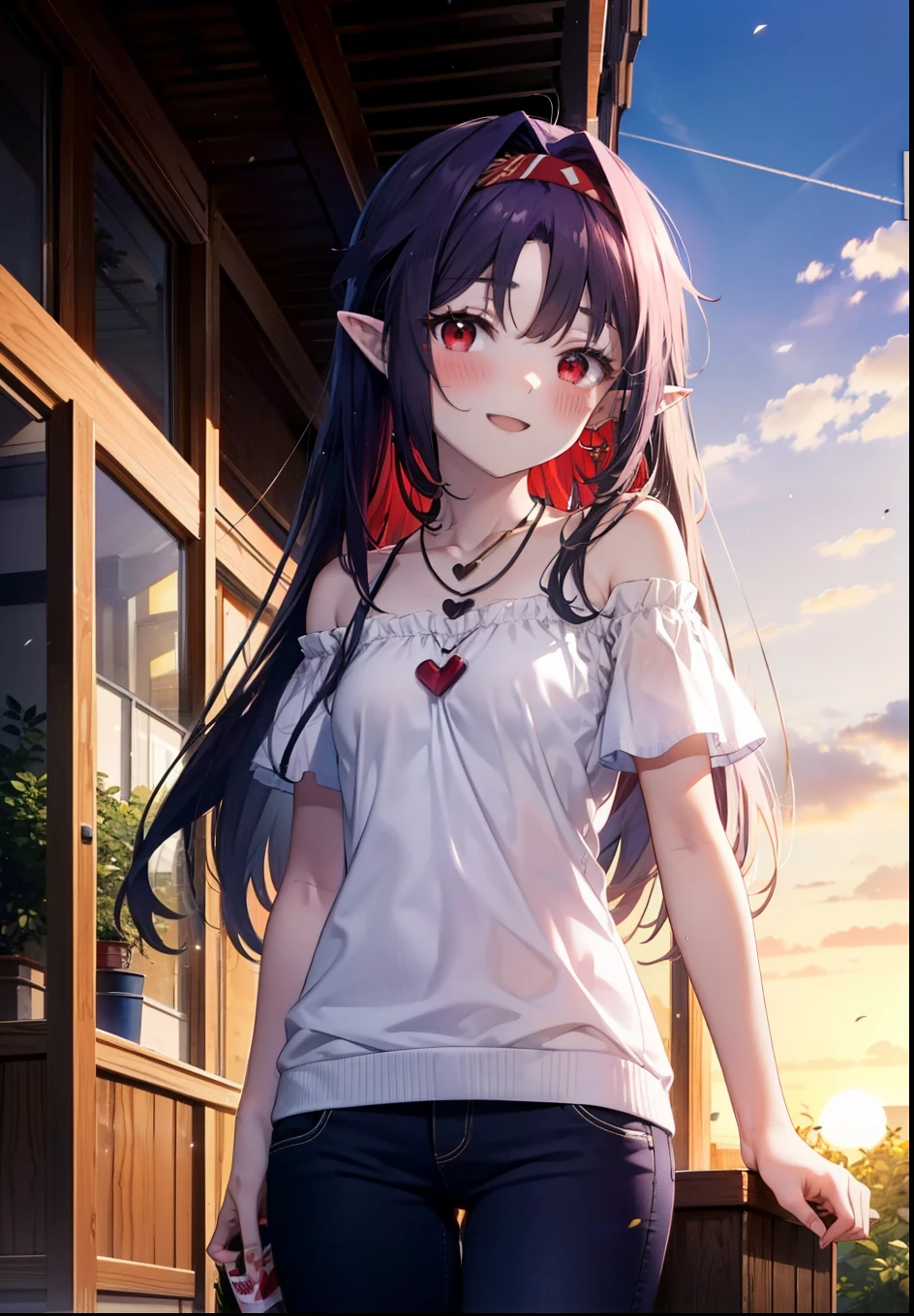 yuukikonno, Yuki Konno, hair band, Long Hair, Pointy Ears, Purple Hair, (Red eyes:1.5), (Small breasts:1.2), blush,happy smile, smile, Open your mouth,Purple cold off-the-shoulder,tops,Short sleeve,skinny pants,piece,Heart-shaped necklace,Sunset,evening,The sun is setting,whole bodyがイラストに入るように,
break looking at viewer, whole body,
break outdoors, School,courtyard,
break (masterpiece:1.2), highest quality, High resolution, unity 8k wallpaper, (shape:0.8), (Fine and beautiful eyes:1.6), Highly detailed face, Perfect lighting, Highly detailed CG, (Perfect hands, Perfect Anatomy),