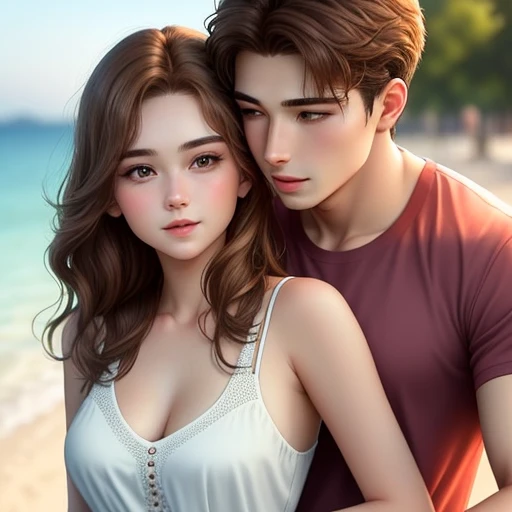Two Man and two woman, aggressive kissing kiss, staring intently to eyes. No one look at front. Man Hugging woman from back and kissing, Lovers. Hand on the waist. Hand on the neck. Hand on the face.
20-year-old boy and 18-year-old girl. Detailed face, Detailed eyes, double eyelid, cute, sunny, warm vibes, Handsome-cool-warm-boy with brown hair and hot-seductive-sexy-cute-beautiful-girl with brown hair and blushing face. Intimate vibes.